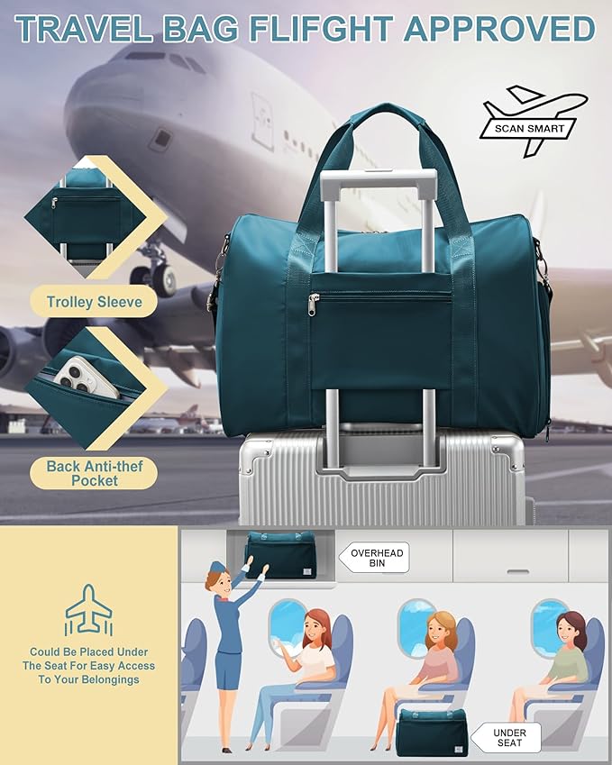 Travel Duffel Bags for Women Mens, Weekender Bag with Shoe Compartment Carry on Overnight Bag with Laptop Compartment Personal Item Travel Bag Gym Bag Hospital Bag Peacock Blue