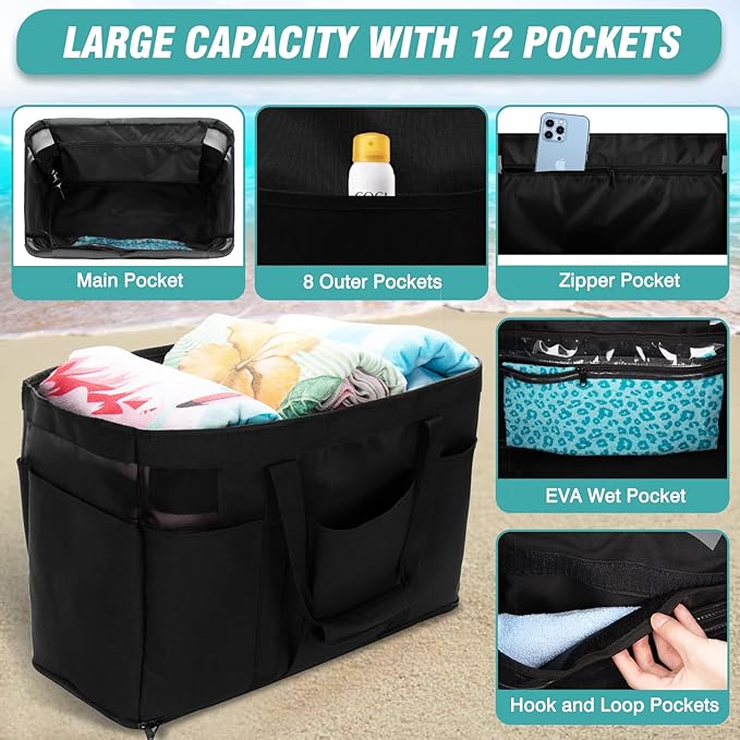 Large Beach Bag with Zipper, 12 Pockets Waterproof Sandproof Pool Bag Womens Mesh Beach Tote Bag for Travel Vacation