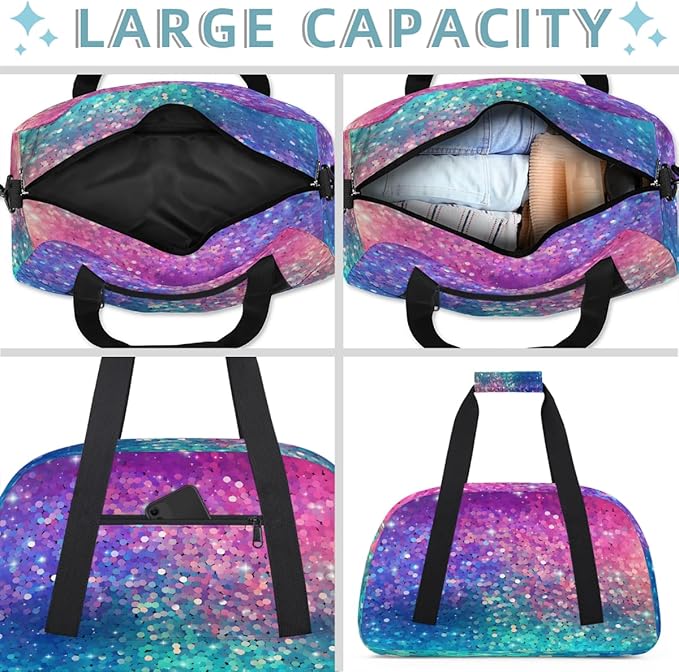Gym Bag for Women Men, Pink And Blue Sequins Travel Duffle Bags for Dance Ballet Overnight, Carry-On Weekender Bag with Detachable Shoulder Strap
