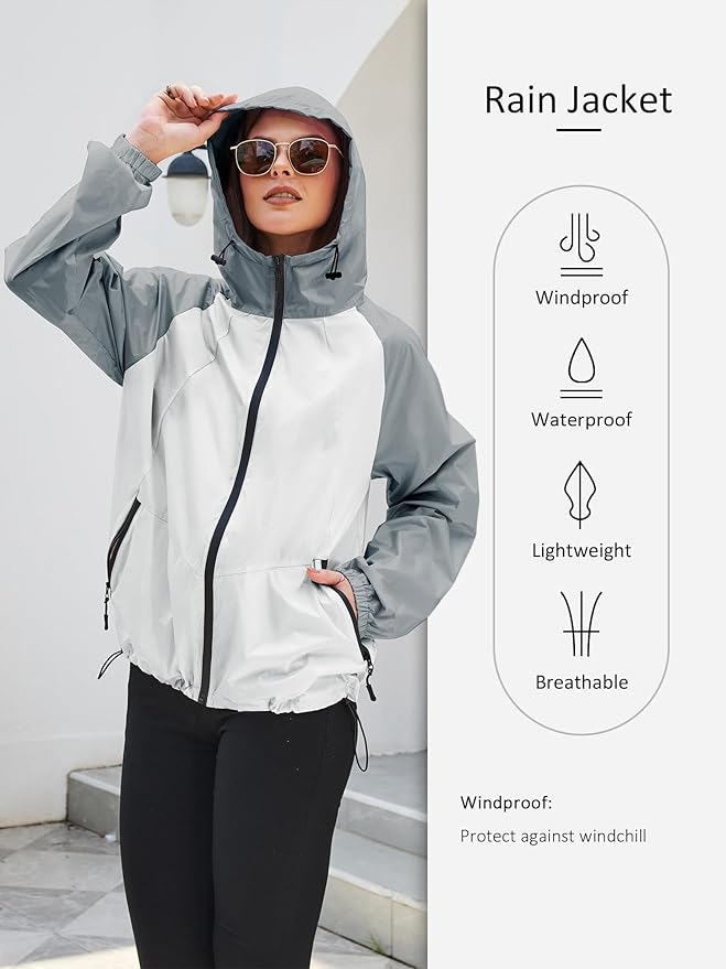 PITINAN Lightweight Rain Jacket Women Packable Wind Breaker Light Rain Jacket Women Waterproof Travel Raincoat S-XXL