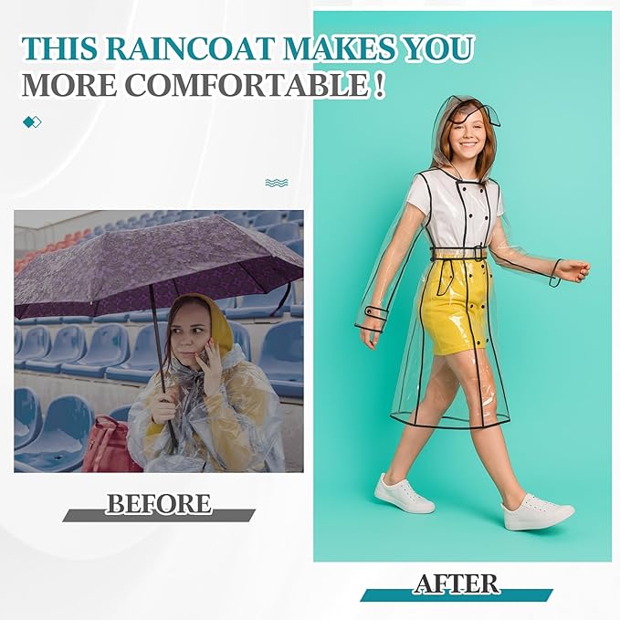 Waterproof Portable Raincoat Clear Raincoats for Women Reusable EVA Rain Resistant Poncho with Hoods and Belt