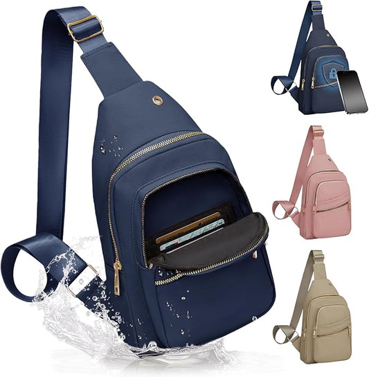 Small RFID Waterproof Travel Crossbody Sling Bags for Women Men, Hands Free Lightweight Sling Backpack Fanny Pack Cross Body Bag for Outdoors Hiking Traveling Fitness Commuting Dark Blue