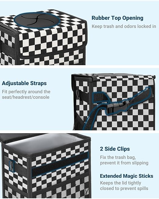 Capolo Car Trash Can with Lid, Leakproof Car Trash Bag Hanging Waterproof Automotive Garbage Can with Storage Pockets Mini Vehicle Trash Bin for Back/Front Seat(Corduroy Black Checkerboard,3 Gallon)