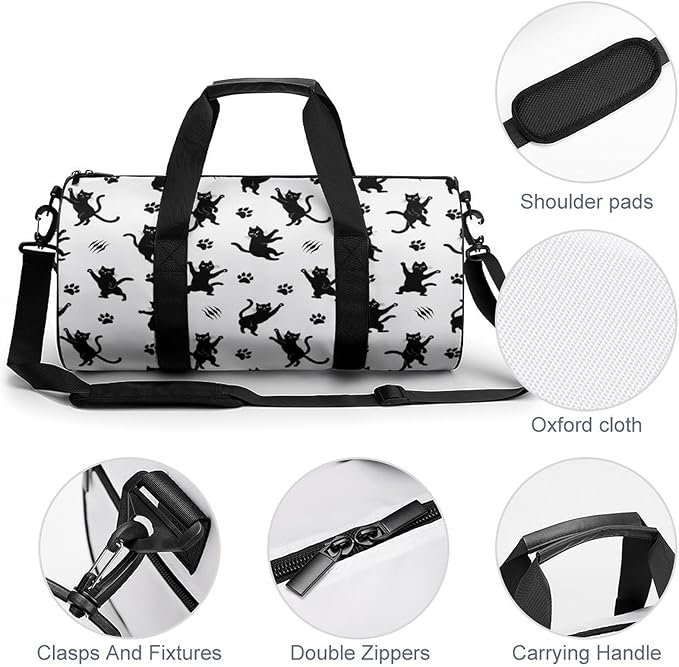Weekender Carry on Beach Yoga Bag Sport Gym Fitness Tote Overnight Weekender Travel Bags for Men Women (Black Cat Paw Print)