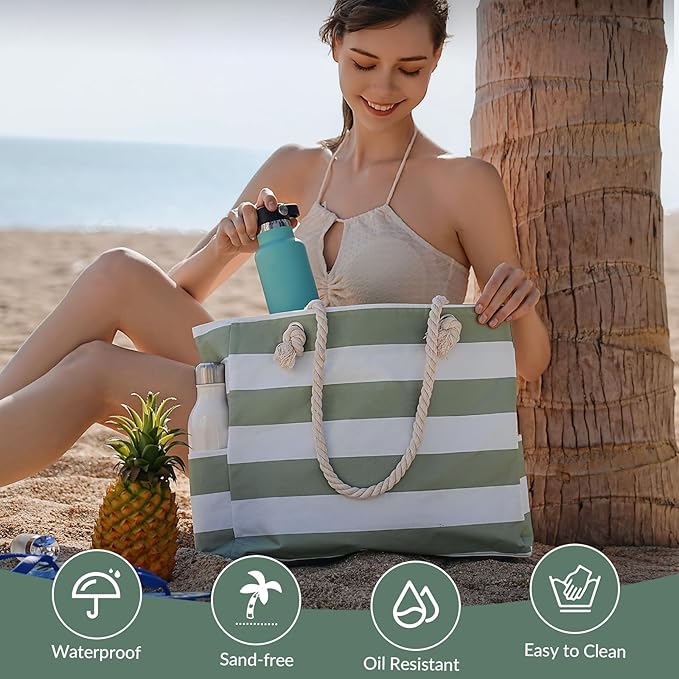 Clothirily Beach Bag for Women - Large Beach Tote Bag, Waterproof Sandproof Beach Bag with Zipper, Large Swim Pool Beach Tote