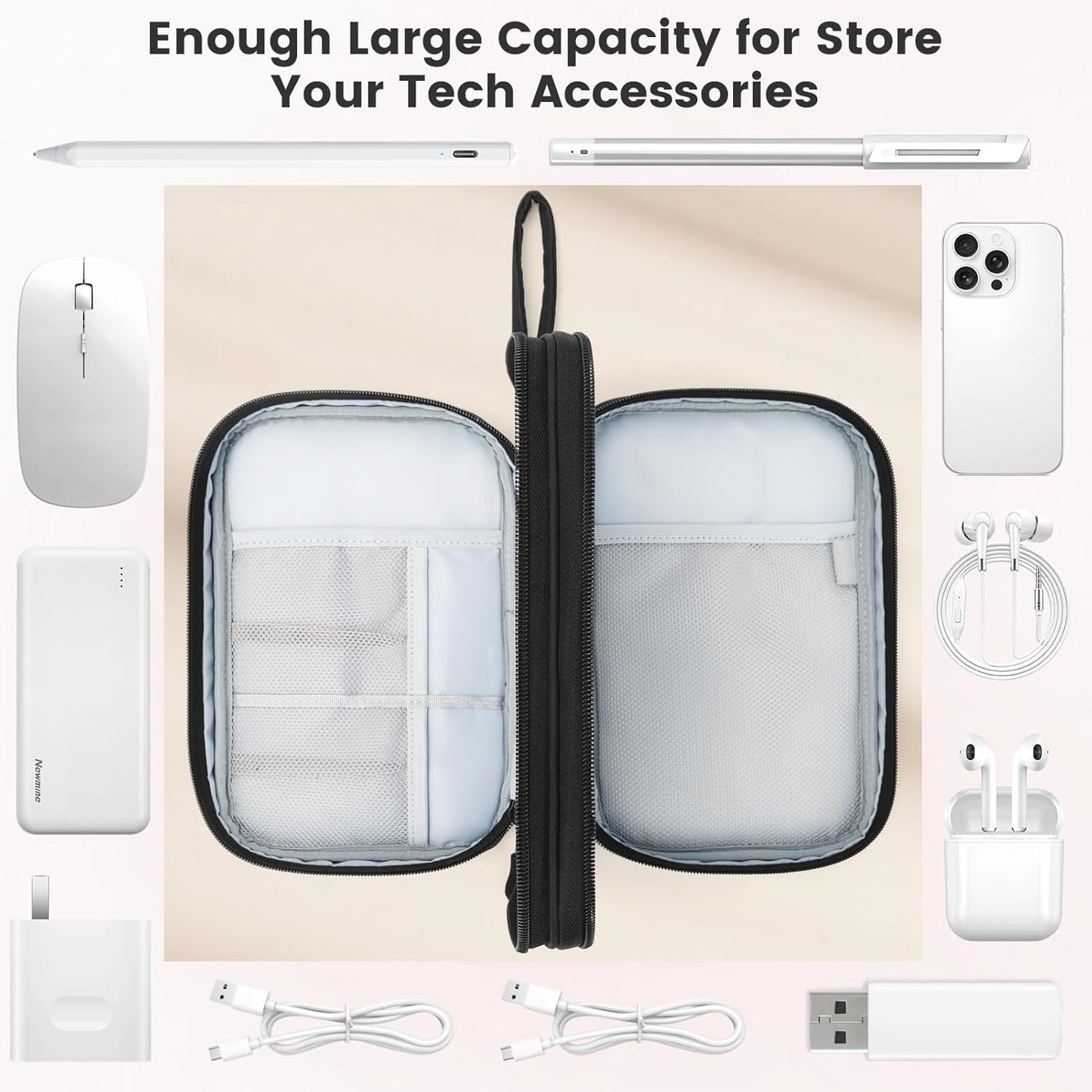 Skycase Tech Pouch - Lightweight Electronics Organizer Travel Case, Double Layers Travel Cable Organizer, All-in-One Storage Bag for Charger, Cord, Phone, Flash Drive, Accessories