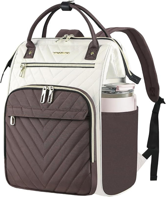 VANKEAN 17 Inch Laptop Backpack for Women Men Fashion Computer Work Bag, Large Capacity Waterproof Backpack with USB Port & RFID Pockets, College Daypack Business Travel, Beige-Coffee