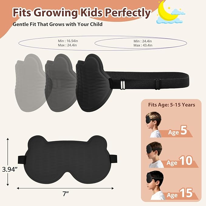 Kids Sleep Mask, 3D Sleeping Eye Mask for Kids with Adjustable Elastic Strap, Bear Shape Eye Cover with Memory Foam, Soft & Light-Blocking, Gift for Boys Girls Teens Age 5–15 (Black)
