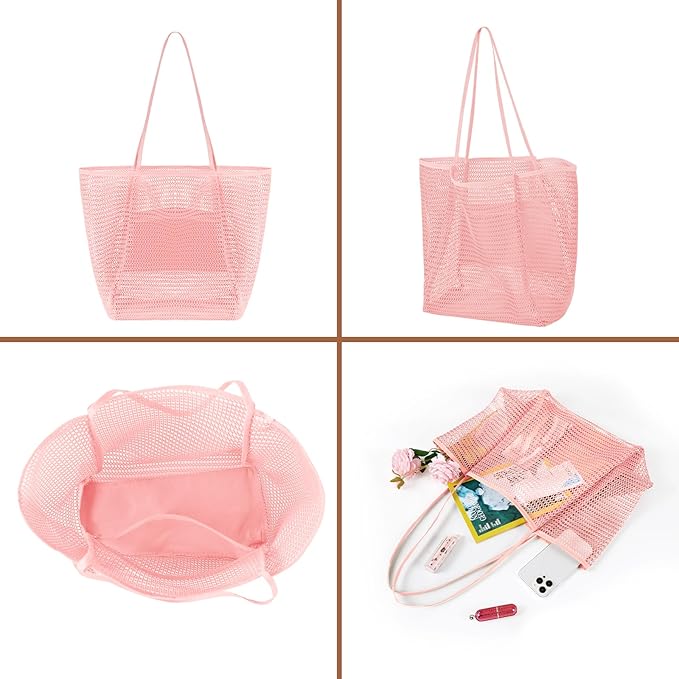Tavaleu Mesh Beach Bag, Beach Bags for Women, Woven Straw Beach Tote Bag Waterproof with Inner Pocket, Packable Beach Bag