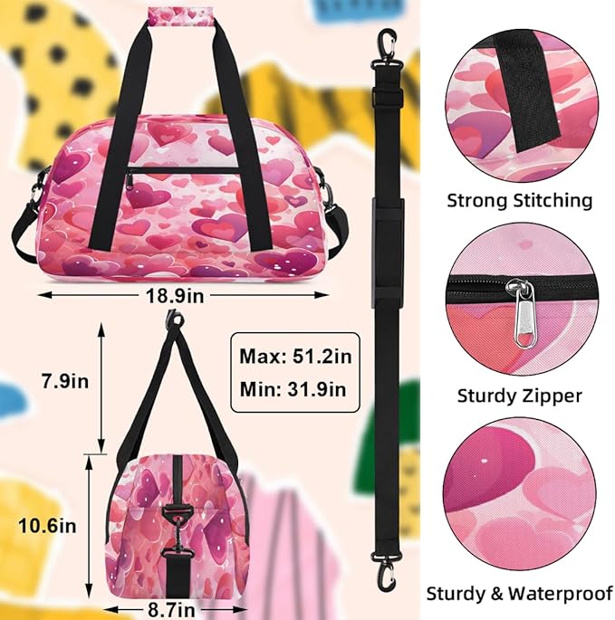 Travel Duffle Bag, Pink Hearts Love Waterproof Weekender Overnight Bags for Women Men Lightweight Carry on Duffle Gym Bag for Travel, Sports, Fitness, Workout