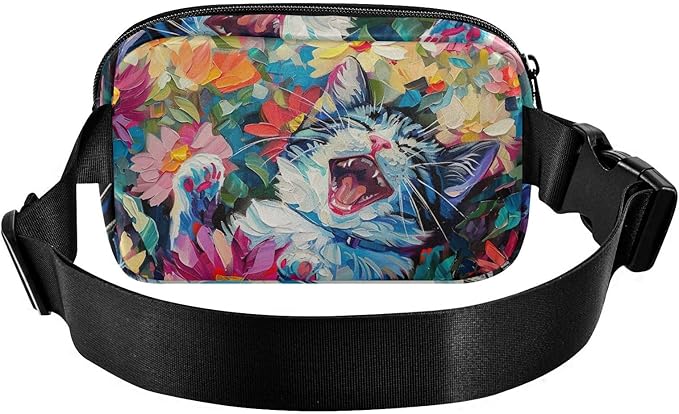Cat Flower Oil Painting Fanny Pack for Women Men Water Resistant Fashion Waist Packs with Adjustable Strap Belt Bag for Travel Workout Jogging Hiking 21220496