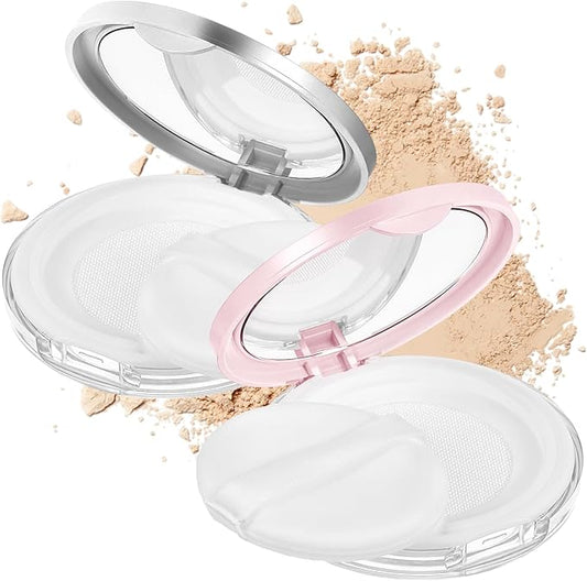 2 Pcs Loose Powder Container with Puff Refillable Plastic Empty Travel Compact with Mirror Portable Empty Makeup Powder Container Loose Compact Case (Pink Silver)