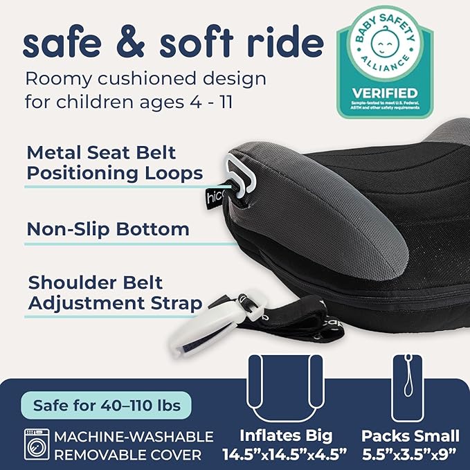 Hiccapop UberBoost Inflatable Booster Car Seat | Blow up Narrow Backless Booster Car Seat for Travel | Portable Booster Seat for Toddlers, Kids, Child | Black/Gray
