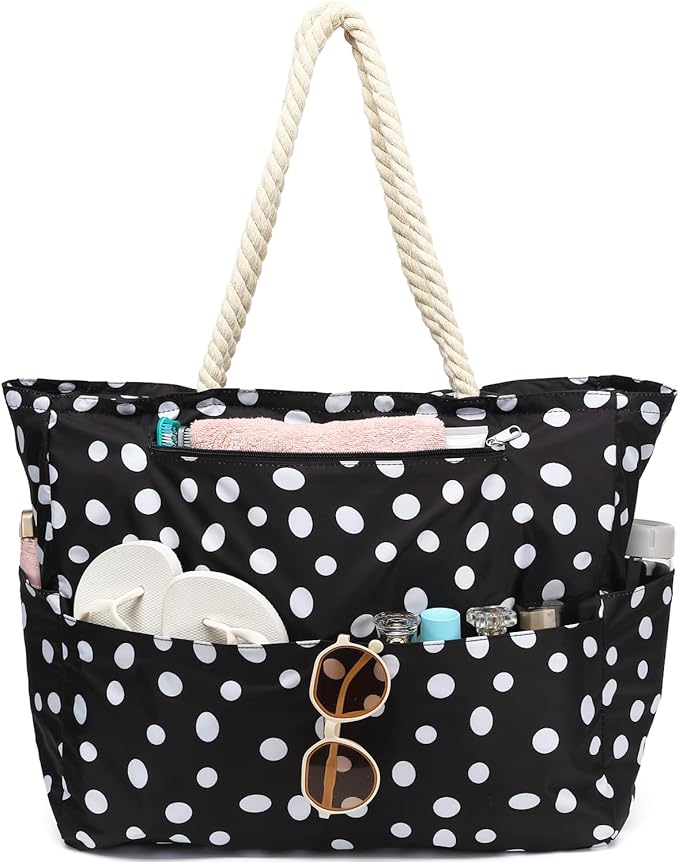 Large Canvas Beach Bag for Women, Beach Bags Waterproof Sandproof with Zipper & Wet Bag Cruise Essentials