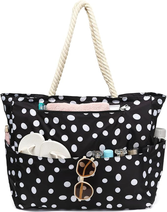 Large Canvas Beach Bag for Women, Beach Bags Waterproof Sandproof with Zipper & Wet Bag Cruise Essentials
