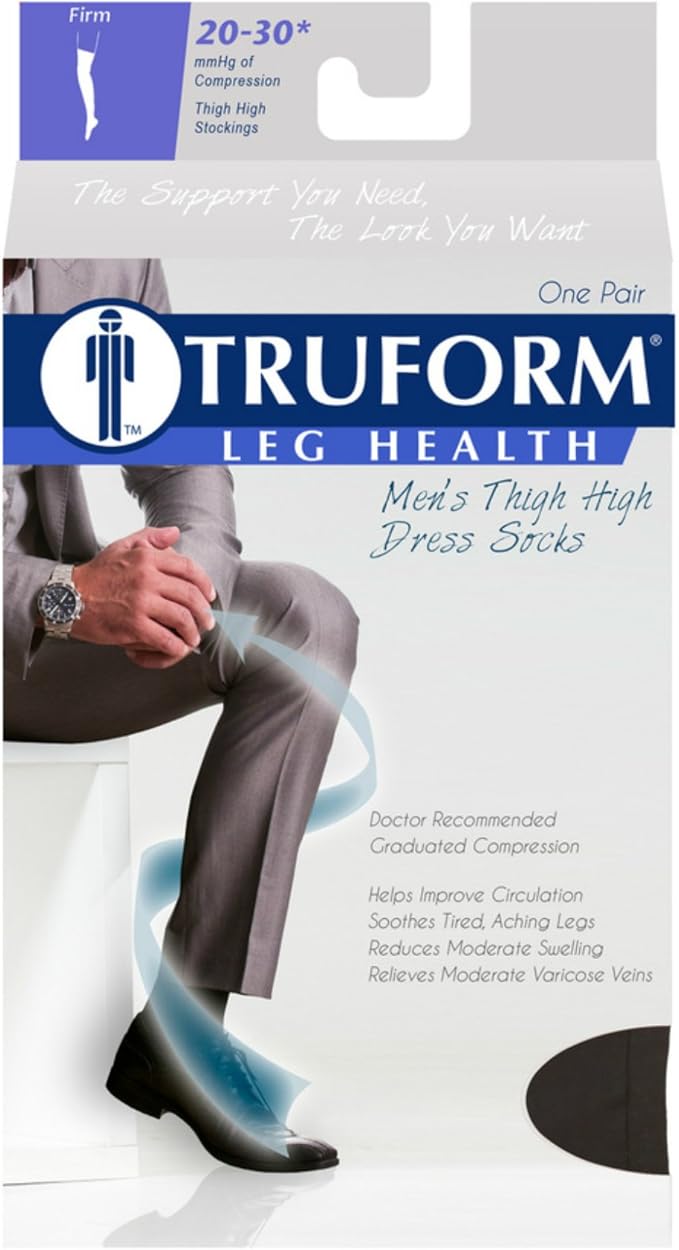 Truform Compression Socks, 20-30 mmHg, Men's Dress Socks, Thigh High Over Knee Length, Black, Large
