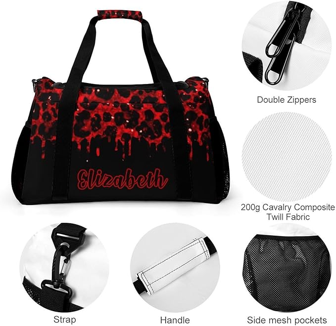 Red Maroon Leopard Sparkle Print Luggage Bag Waterproof Duffel Bag Adjustable Shoulder Strap Perform Training Travel Bag for Teens Adults Backpack