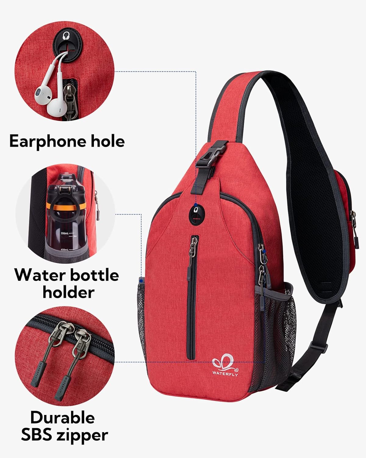 WATERFLY Crossbody Sling Backpack Sling Bag Travel Hiking Chest Bag Daypack