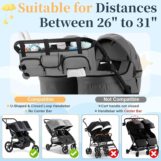 Double Stroller Organizer Compatible with Bob Duallie and Baby Jogger City Mini GT2, Double Baby Stroller Accessories with Cooler Bag, Parent Console Double Jogging Stroller Caddy, Grey