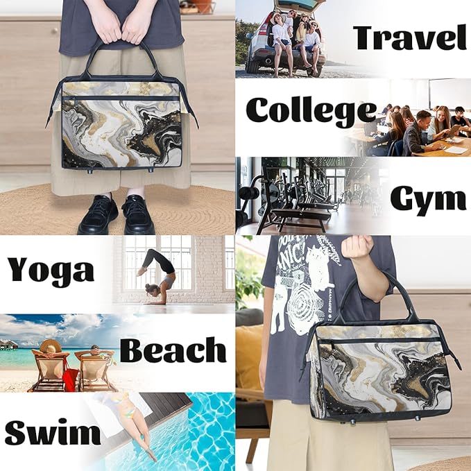 White Golden Black Marble Print Travel Duffel Bag, Waterproof Sports Gym Duffle Bag, Large Capacity Weekender Carry On Overnight Bags for Women Men