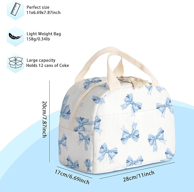 lunch bag for women,bento box adult for work,insulated lunchbox cooler containers,leakproof corduroy lunchbag,lunch tote for school college offices,outdoor picnic travel (Blue Bow Tie)