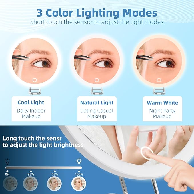 20X Magnifying Mirror w/ Light，Lighted Magnifying Mirror w/ 3 Suction Cups & 360° Stand，Rechargeable 3 Colors Dimming Vanity Mirror，6inch Large Tabletop Makeup Mirror w/ Tweezers & Scissors