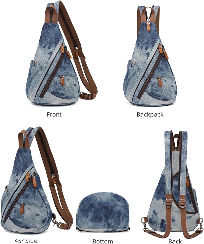 KL928 Canvas Sling Bag - Small Crossbody Backpack Shoulder Casual Daypack Rucksack for Men Women(Blue-white Washed)