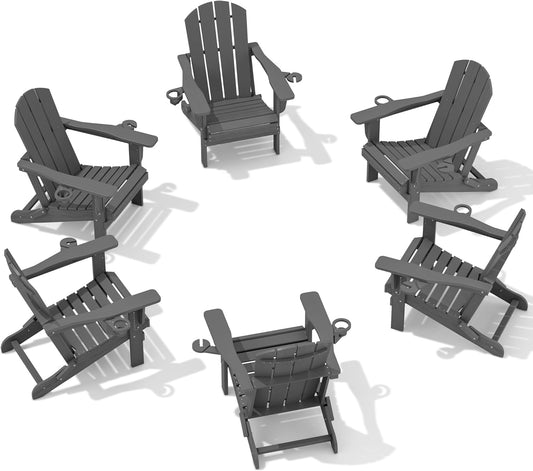 SERWALL Foldable Adirondack Chair Set of 6, HDPE Adirondack Chair with Wood-Texture-Gray