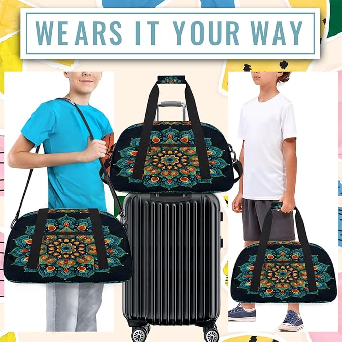 Travel Duffle Bag for travel duffle bag sports Girls Boys Kids Flower Mandala Lightweight Overnight Sleepover Weekender Bags Small Dance Gym Sport Bag Teens Carry-On Size Workout Bag