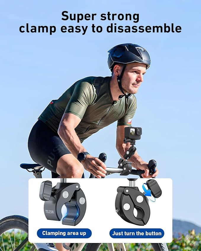 TELESIN Camera Clamp Mount Bike Motorcycle Handlebar Mounts Accessories, 360 Ball Joint Tube Roll Bar Holder Clip for DJI Osmo Action 6/Osmo Nano/Action 5 4 Pro/Hero 13 12 11 10 9 8 7/Insta 360 X5 X4