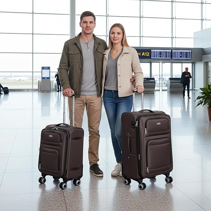 Softside Luggage Sets 2 Piece,Expandable 15% Lightweight Durable Suitcase Sets Double Spinner Wheels w/Combination LOCK （Coffee,20in/26in）