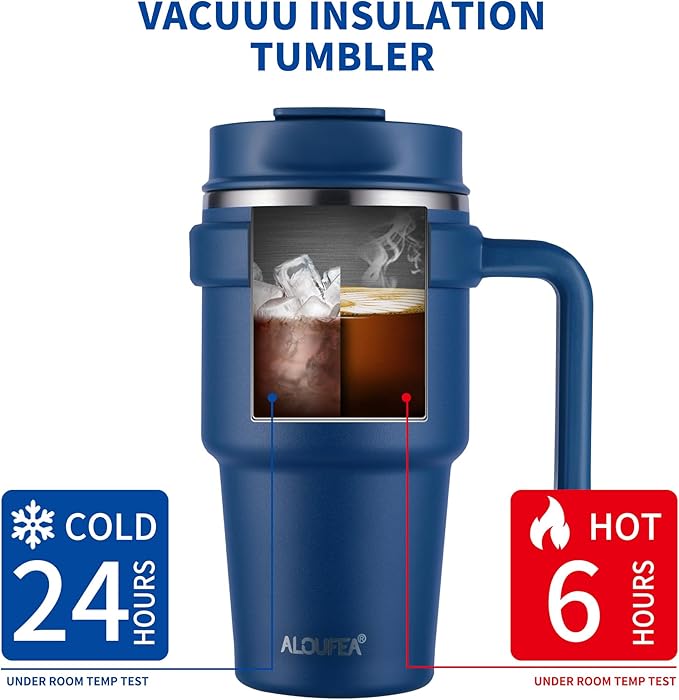 ALOUFEA 20 oz Insulated Coffee Mug Tumbler with Handle, Stainless Steel Travel Mug Tumbler with Lid and Straw,Double Wall Vacuum Leak Proof Ice Coffee Thermal Cup, Navy/Rose Gold