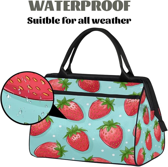 Gym Bag for Women Men, Cute Strawberry Polka Dot Sports Duffel Bags, Waterproof Travel Weekender Overnight Carry On Tote Bags for Travel Sports