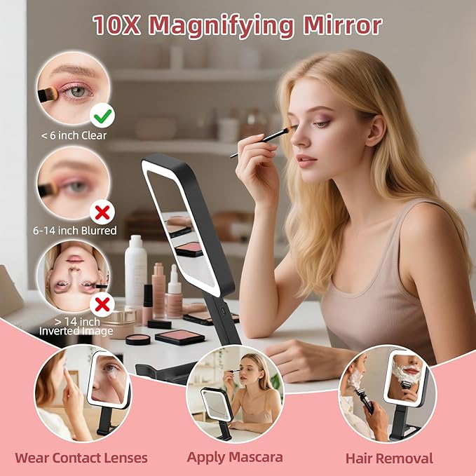 Travel Makeup Mirror with Lights, 1500mAh Rechargeable, Double-Sided 10X/1X Magnification, 3 Color Lighting, Smart Touch Dimming, Precision Tweezers, Lighted Mirror for Desk, Trip, Home, Office, Black