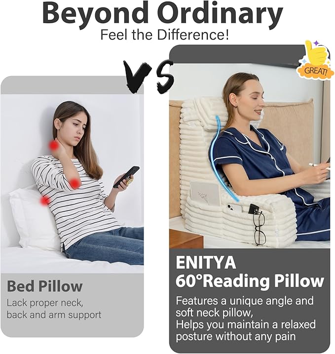 ENITYA Back Pillow for Bed Sitting up, Reading Pillow for Sitting in Bed Adult, Back Support Wedge for Reading/Resting/Post Surgery/Watching TV/Gaming,Ivory