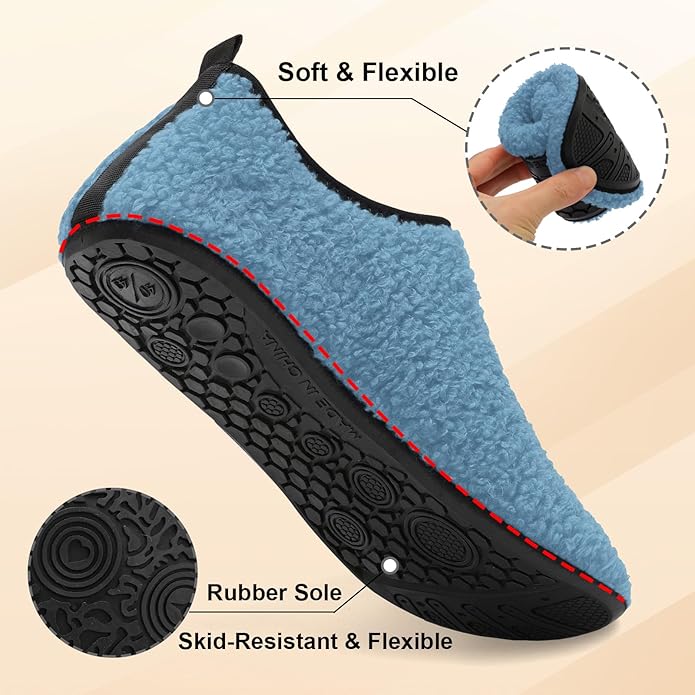 QFH Womens & Mens Cozy House Slippers - Portable Travel Shoes with Flexible Rubber Sole & Soft Velvet Lining
