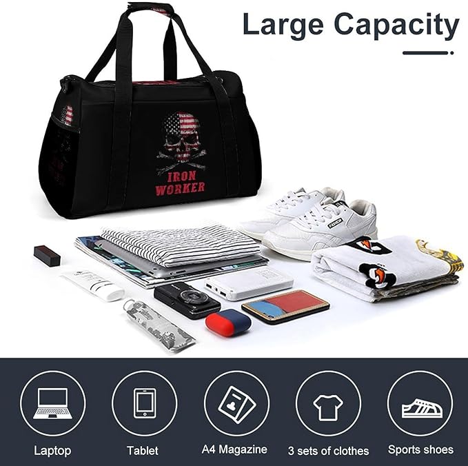 Skull Iron Worker U.S.A Flag Duffle Bag Gym Bag for Workout Travel Tote with Detachable Straps