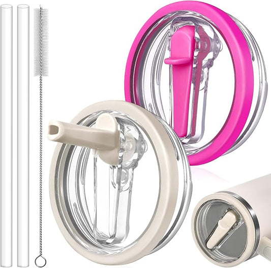 2 Pack Leak Proof Lid for 30oz Stanley H2.0 Quencher,No Spill Flip Straw Lid Replacement for Stanley Cup Accessories 30 oz Tumbler Lid Replacement Straw Cover Cap for Stanley Lids(Cream,Rose)