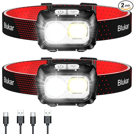 Blukar LED Headlamp Rechargeable,2000L Super Bright Headlight with Motion Sensor -Dimmable Brightness,8 Modes,Spotlight&Floodlight&Red Light Combination,IPX5 Waterproof for Hiking,Camping - 2 Pack