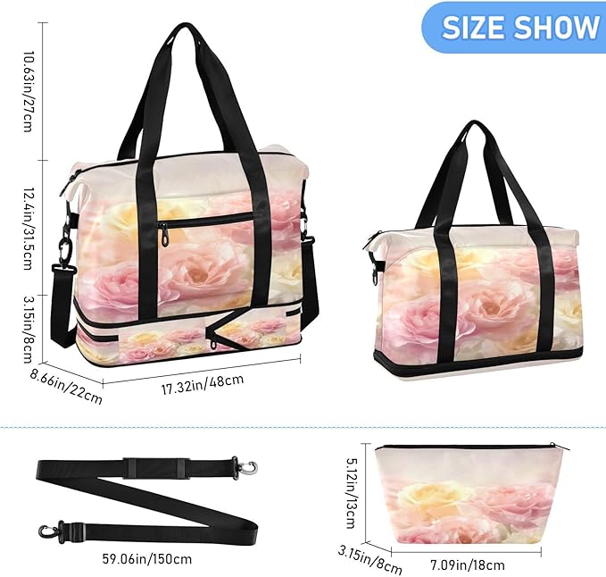 Travel Duffel Bags for Women Watercolor Roses Sports Duffel Bags Gym Bags with Shoes Compartment Tote Bag Weekender Bag for Travelling