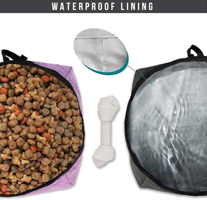 PetAmi Travel Dog Food & Water Bowls Set, Collapsible Dog Kibble Bag, Cat-Friendly, Foldable Waterproof Camping Bowls for Hiking, Purple & Gray