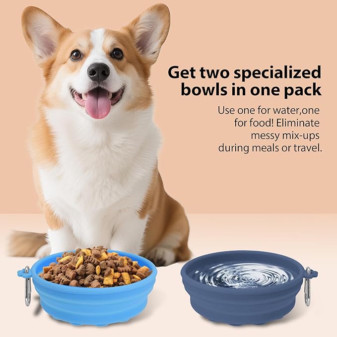 2-Pack Collapsible Dog Bowls with Suction Cups & Scraper - 16oz Travel Pet Bowls for Food/Water, Non-Slip Feeding Dish for Dogs, Includes Carabiner Clip Blue&Grey