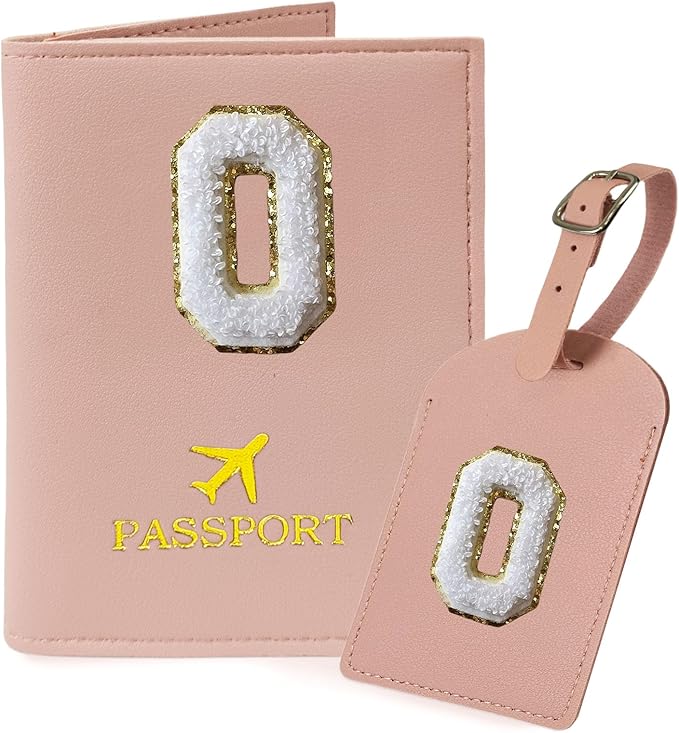 COSHAYSOO Passport Cover and Luggage Tag Set with Her Initial Chenille Letter Patch, Trendy Traveling Bag Backpack Suitcase Identifier Christmas Gifts for Women Girls Pink O