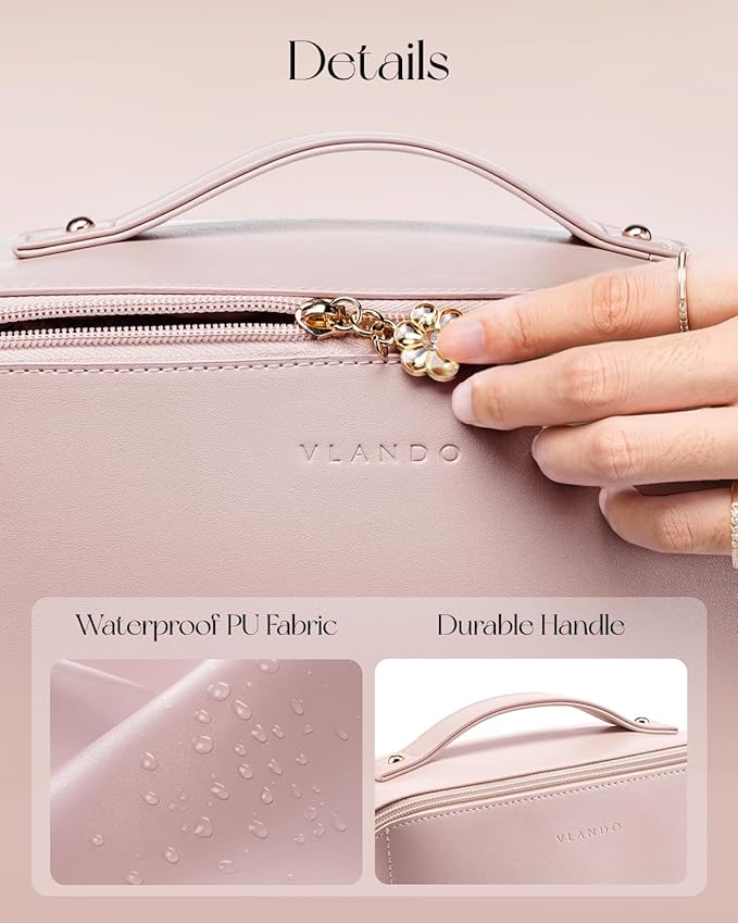 VLANDO Makeup Bag,Travel Toiletry Bag,Cosmetic Bag for Women PU Leather Portable Make up Bag for Skincare, Brushes & Travel Essentials-Pink
