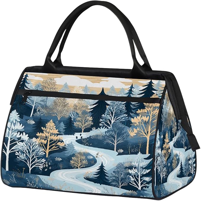 Gym Bag for Women Men, Winter Forest Tree Sports Duffel Bags, Waterproof Travel Weekender Overnight Carry On Tote Bags for Travel Sports