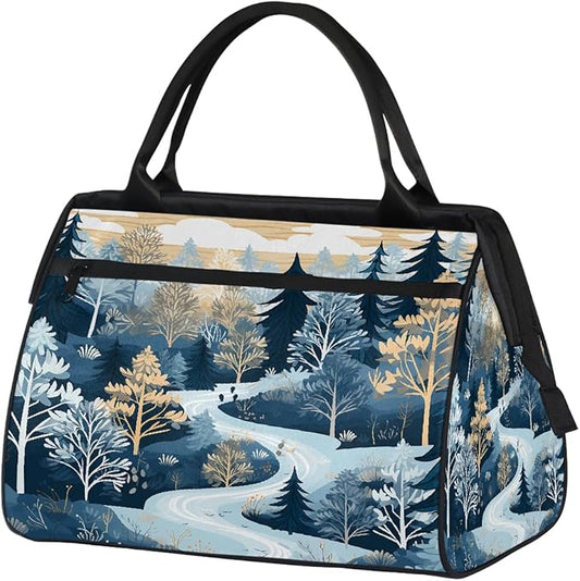 Gym Bag for Women Men, Winter Forest Tree Sports Duffel Bags, Waterproof Travel Weekender Overnight Carry On Tote Bags for Travel Sports