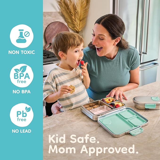 Good Bare Stainless Steel Snack Container for Kids – 2 Compartment Metal Bento Box, Leakproof, Non-Toxic, Easy-Open Latch, Dishwasher Safe, Small Snack Pack, Perfect for On-the-Go (Mint Green)