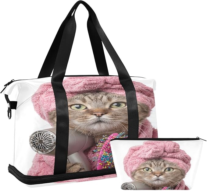 Travel Duffel Bags for Women Cute Cat with Pink Towel & Hair Dryer Sports Duffel Bags Gym Bags with Shoes Compartment Tote Bag Weekender Bag for Travelling