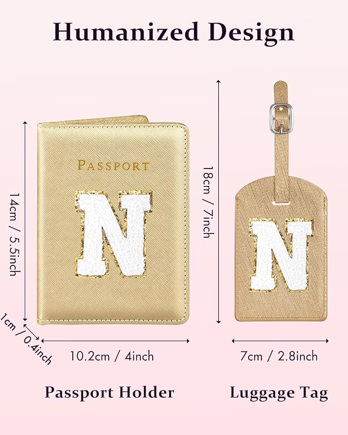 Slohif Passport Holder Initial Lugguage Tag Set Suitcase Cover Wallet Case for Travel Women - Leather Letter Passport Book Personalized Organizer Card Protector Sleeve Essentials Slim Carrier Gold N