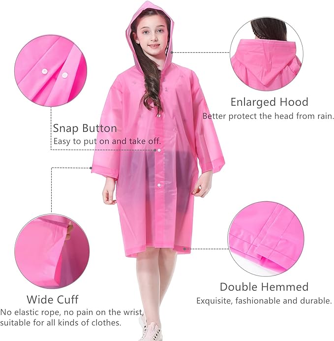 Kids Rain Poncho, Reusable EVA Children Raincoat for 6-13 Girls Boys, Waterproof Rain Jackets Rainwear with Hood